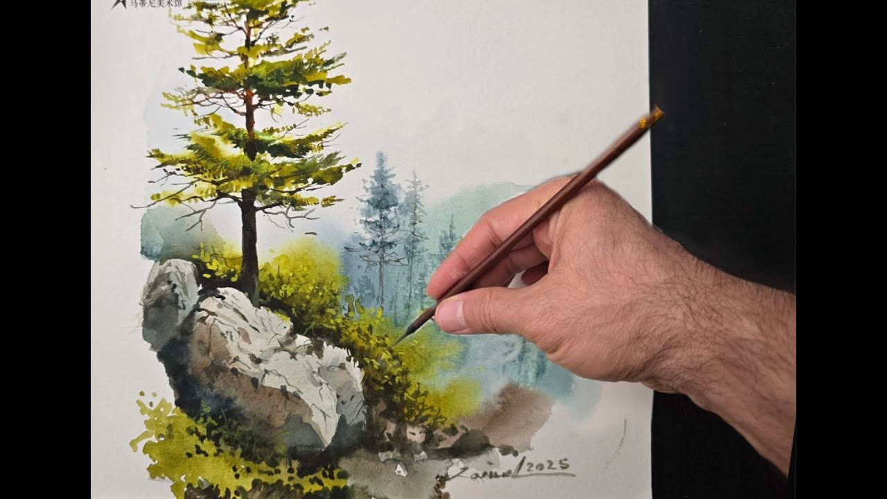 Easy Watercolor Pine Tree and Rocks – Step-by-Step Landscape Tutorial