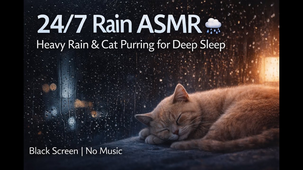 🌧️ 24/7 Rain ASMR with cat purring for deep sleep. Lower volume, relax, and rest well 🤍
