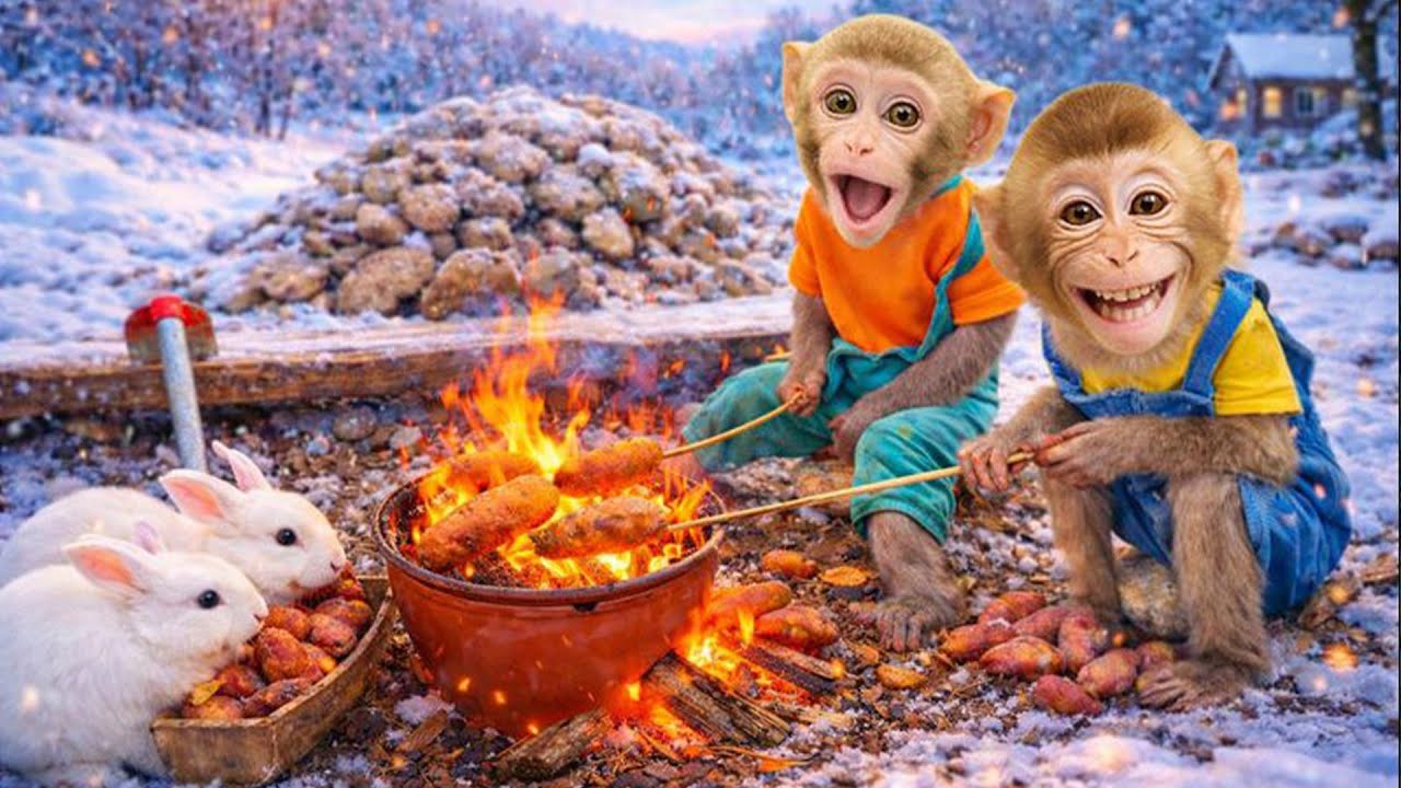 Dad harvested sweet potatoes and roasted his favorite sweet potatoes for baby monkey Obi