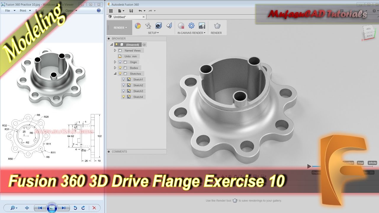 Fusion 360 3D Drive Flange Tutorial Beginner Practice 10