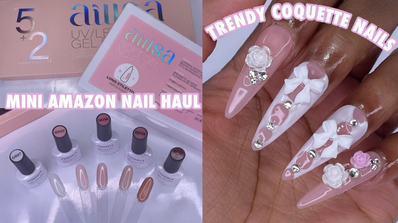 MINI AMAZON Nail Haul ft. Aillsa Jelly Nude Gel Polish Kit & Soft Gel Tips | Coquette Bow Nails