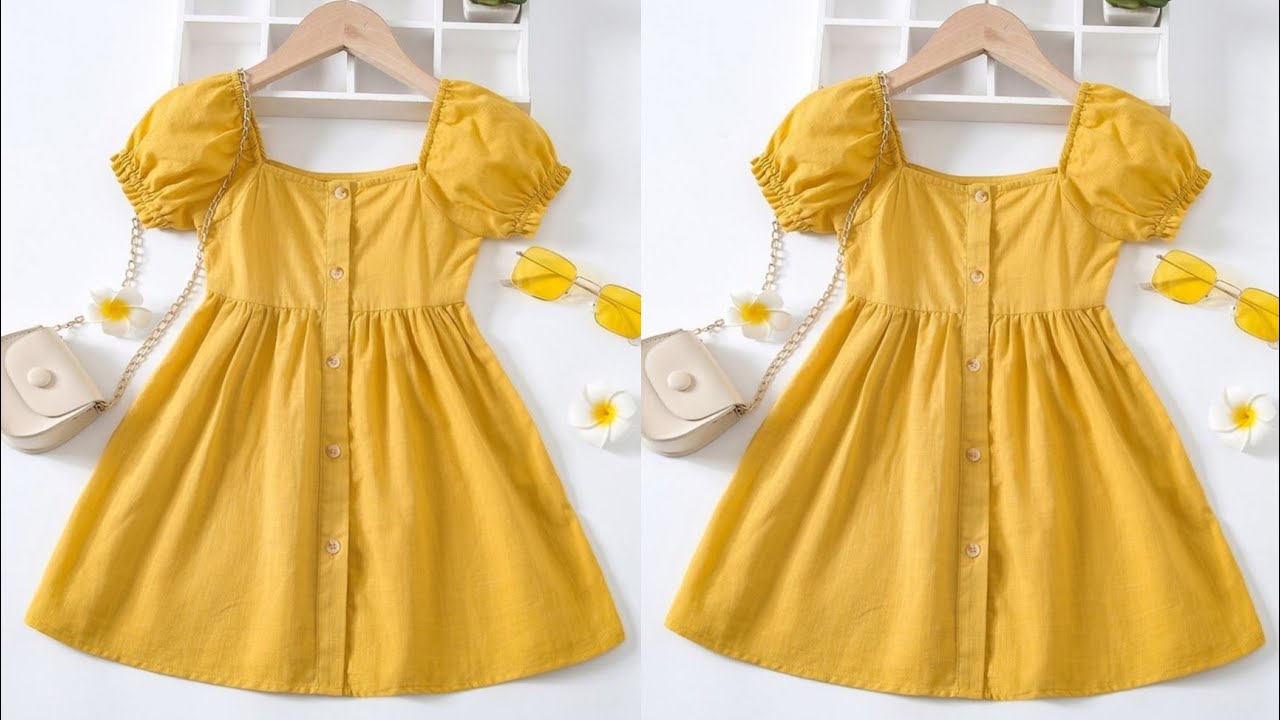 Button Placket with Puff Sleeve Baby Frock Cutting and Stitching/Button Placket Baby Frock