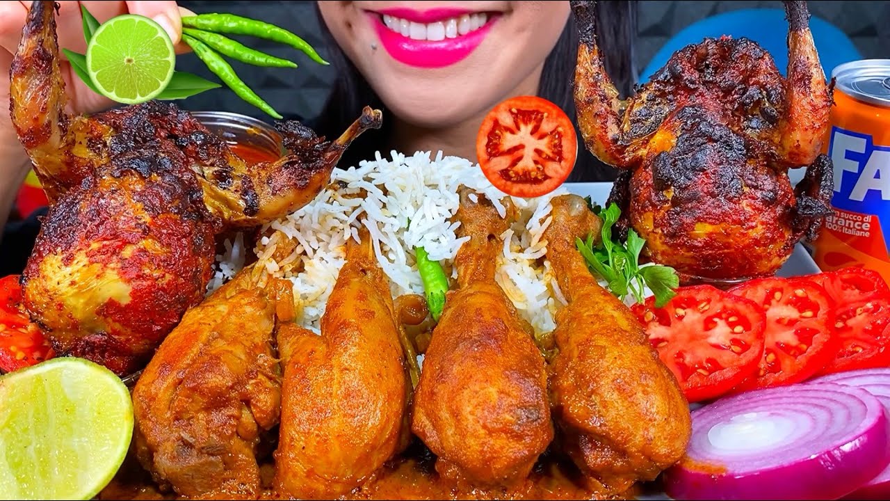 ASMR SPICY CHICKEN CURRY, TANDOORI QUAIL, CHILI, ONION, RICE MUKBANG MASSIVE Eating Sounds
