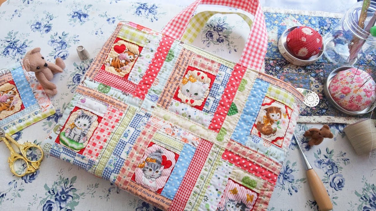 【DIY】100均材料だけでパッチワークを楽しむ＊子猫のログキャビンでトートバッグ作ってみました【quilt patchwork Log Cabin 】