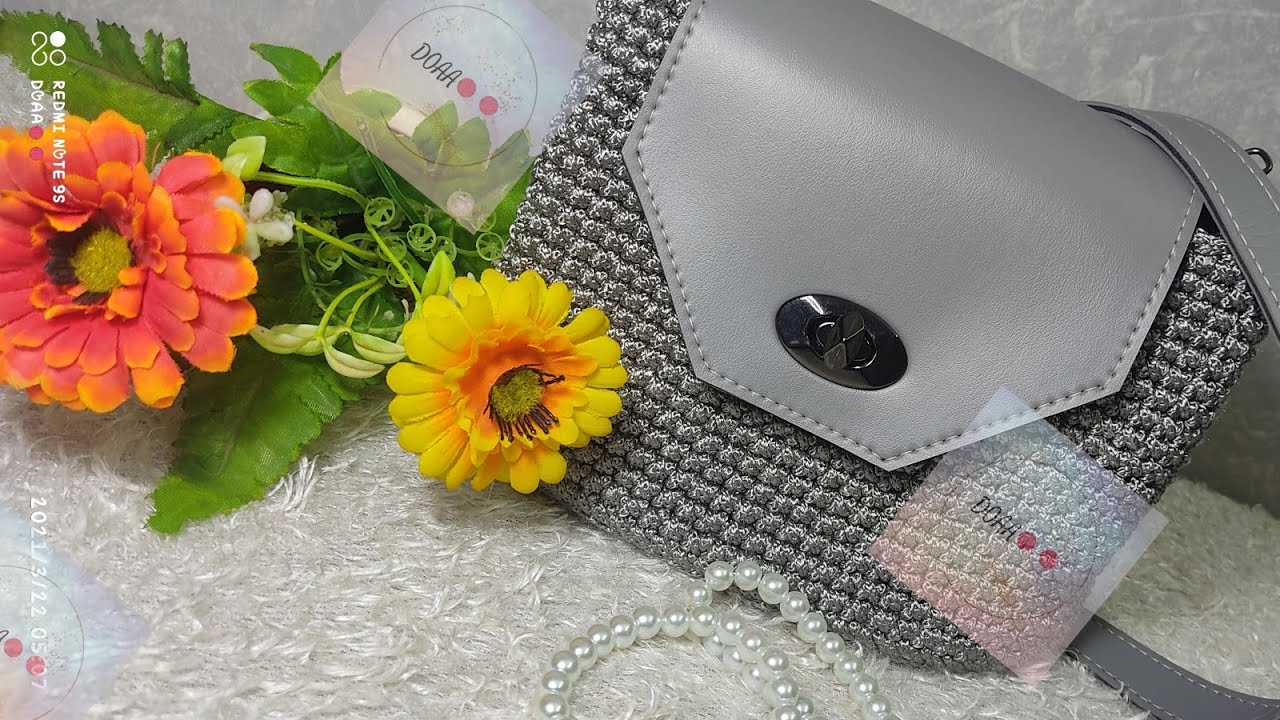 كروشيه: طريقة عمل شنطة بغرزة الحشو العكسية 'غرزة x' بغطاءجلد How to crochet mini bag with 'x' stitch