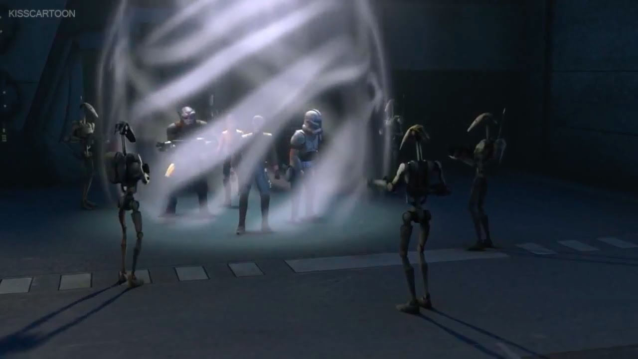 Star Wars Rebels:  Clone Wars droids surrounds the rebel crew