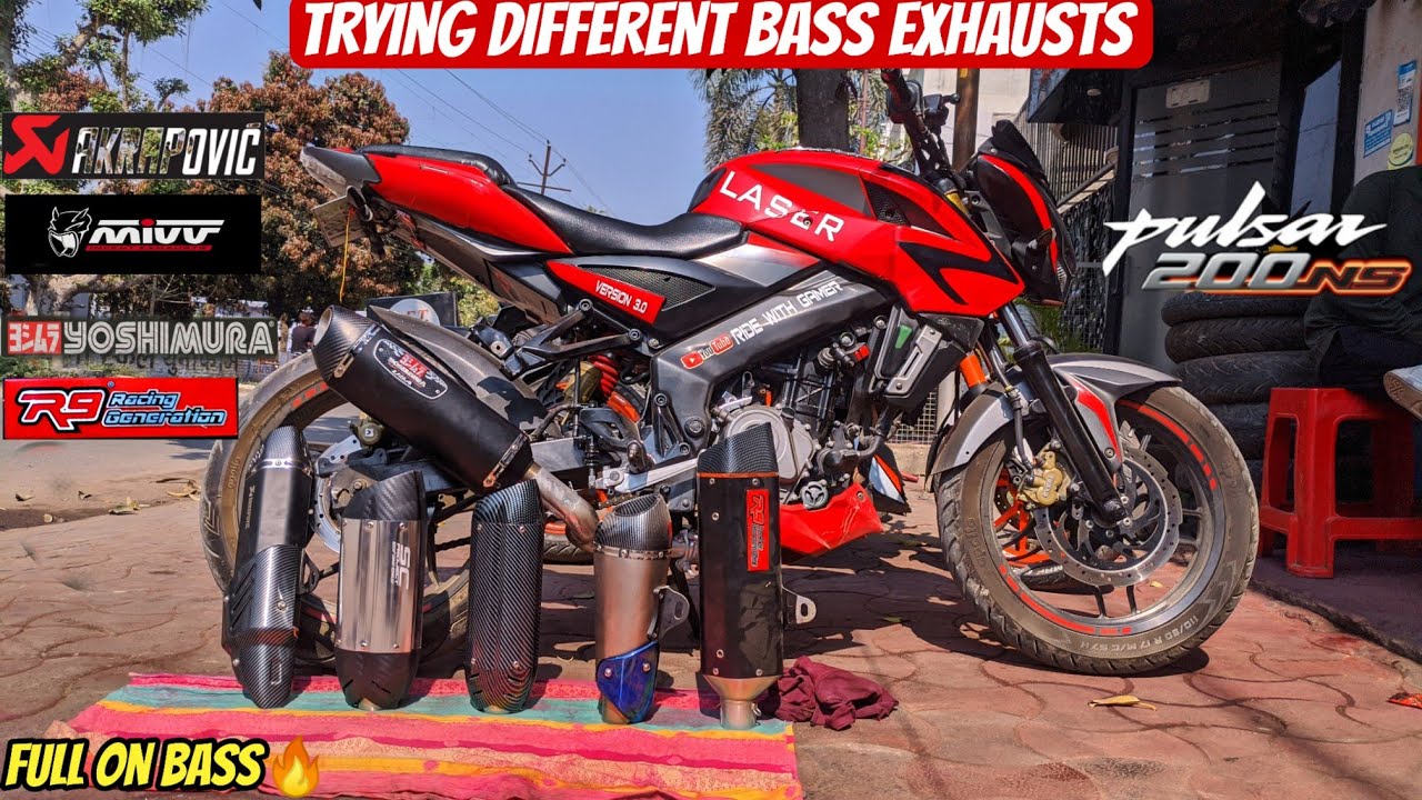 Trying different types of bass exhaust on my bajaj pulsar ns200| yoshimura r77, r9, akrapovic etc