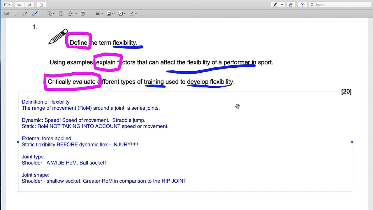 A Level PE Flexibility 20 mark answer guidance