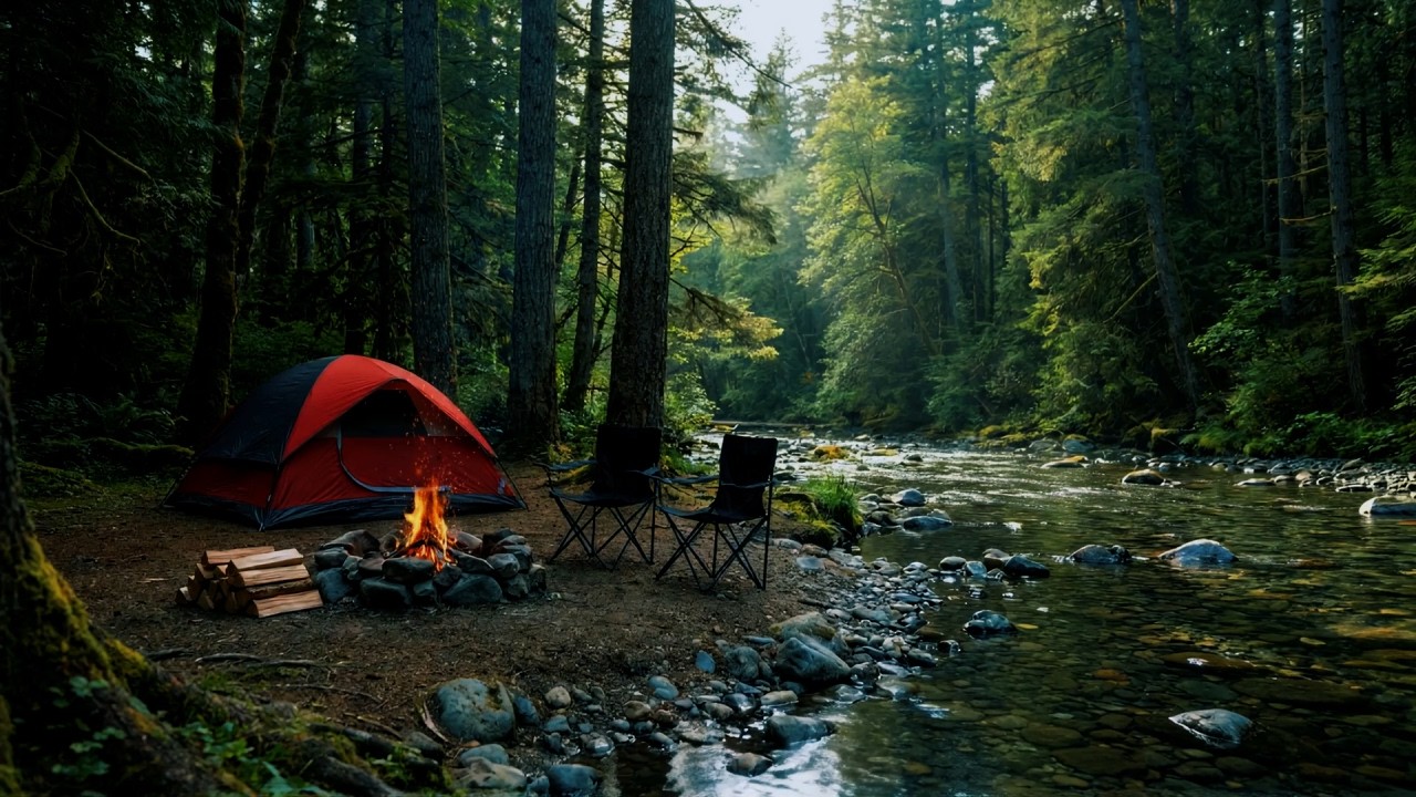 Cozy Campfire beside a Quiet River | Relaxing Forest Stream for Deep Sleep