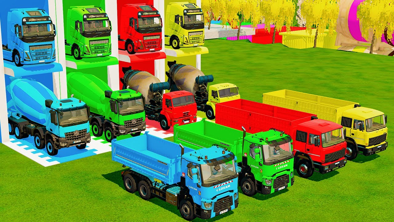 Garage with Colors - ALL MIXER TRUCK WITH DOUBLE FLATBED TRAILER TRUCK, MAN, VOLVO, KAMAZ, MACK