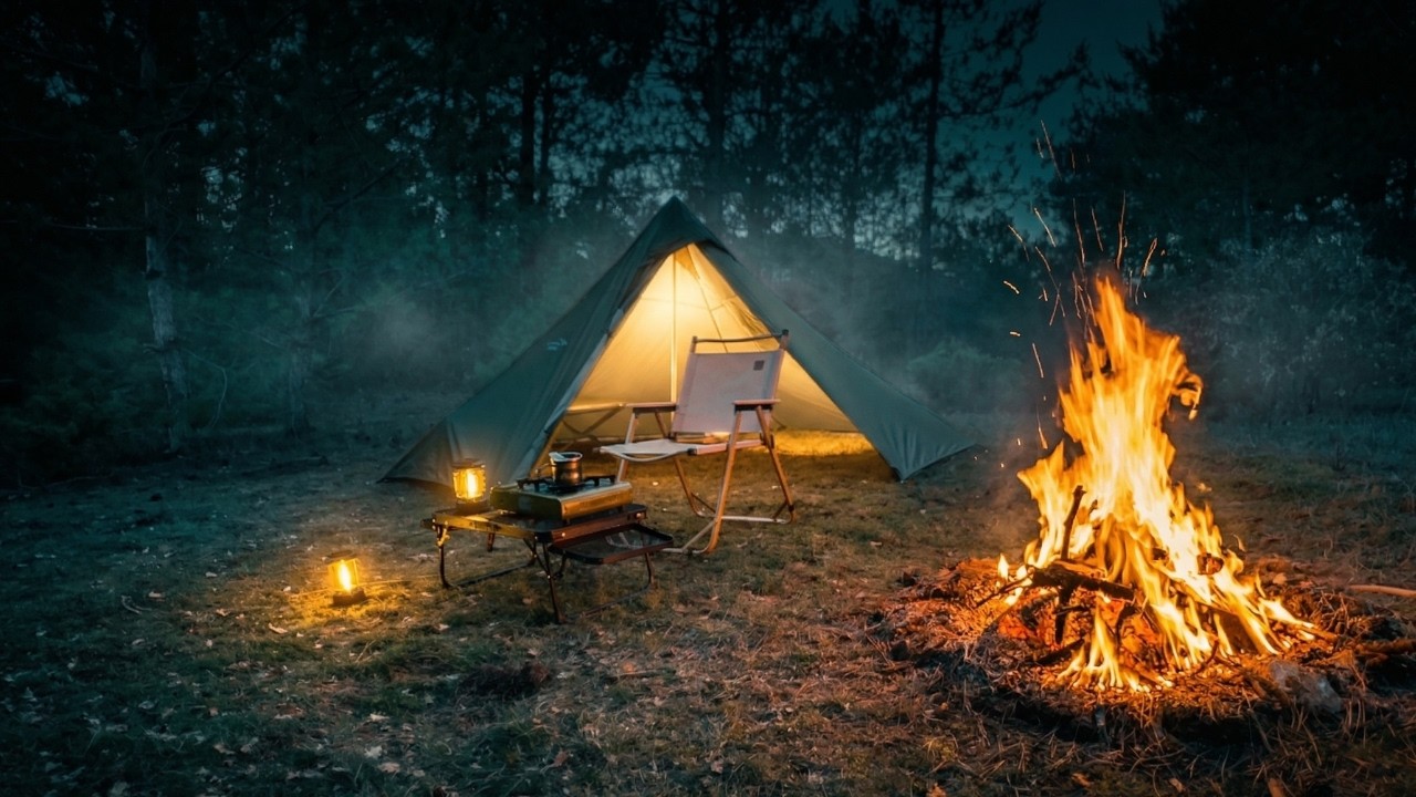 SOLO CAMPING IN A WINDY FOREST 🌲💨 | BUSHCRAFT TENT & NIGHT CAMPFIRE
