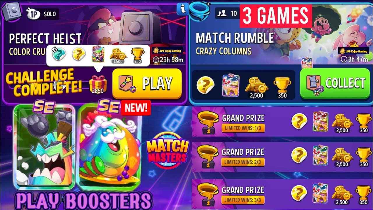 Color Crush+Rainbow Perfect Heist 2850 Score /(3 Games) Match Rumble Crazy Columns+Square Matches