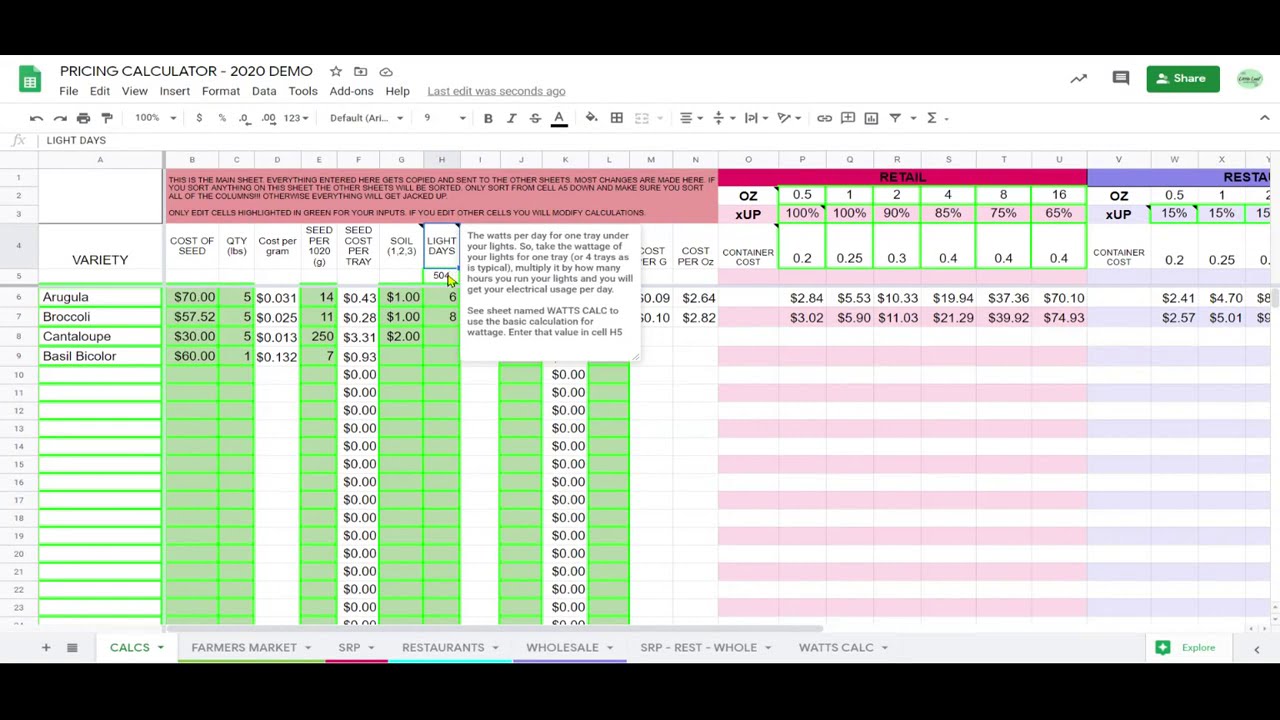 Little Leaf's Microgreens Price Calculator 2020