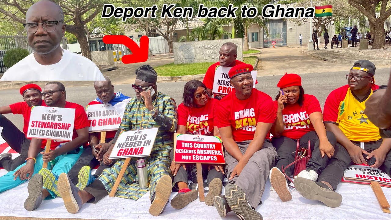 Hopeson Adorye, Bernard Mornah & angry Ghanaians storms American embassy to demand Ken’sdeportation 