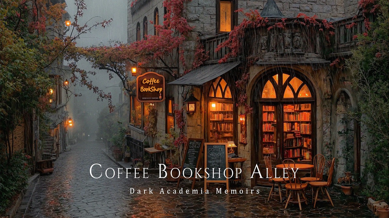 A Rainy-Soaked Coffee Bookshop Alley with Glowing Windows ☕ Dark Academia Ambience for Relaxation
