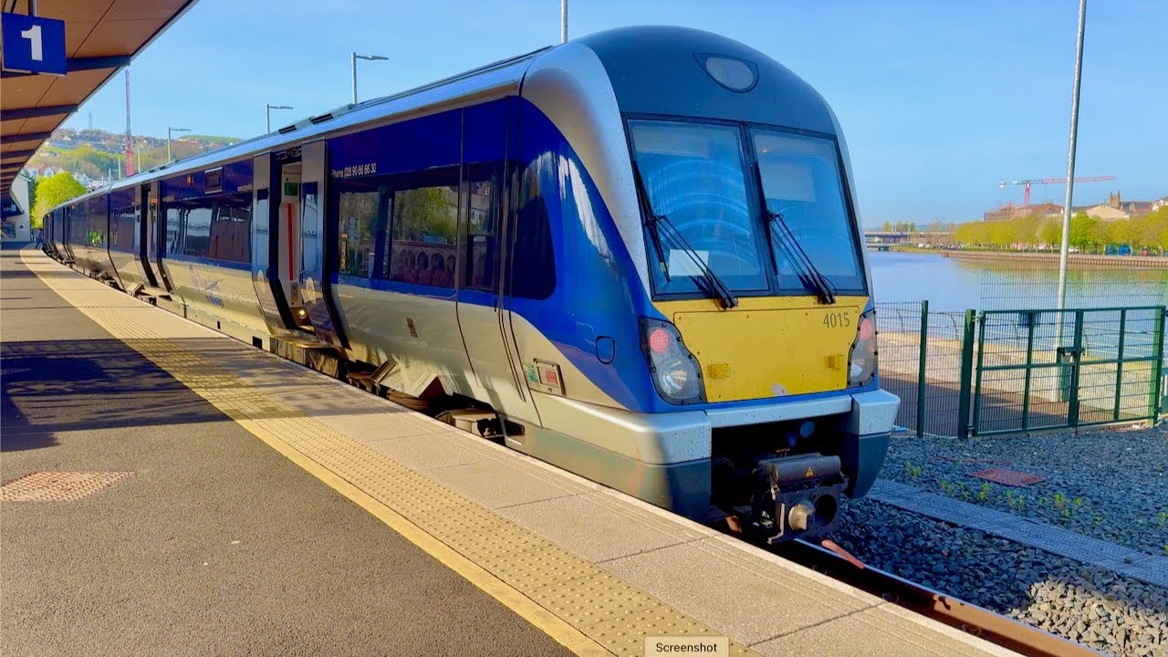 DERRY TRAIN STATION A 6 CAR DMU ARRIVES/DEPARTS & A WALK ACROSS THE PEACE BRIDGE FRI 11th APRIL 2025