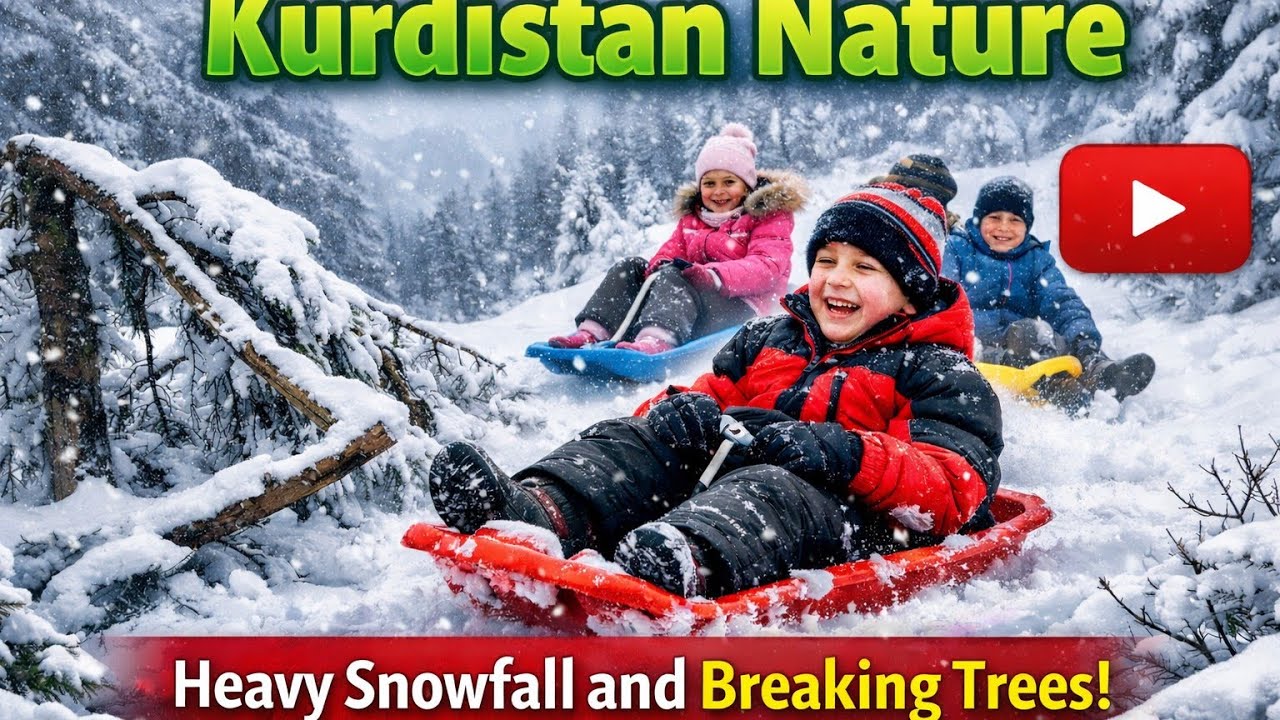 Heavy Snowfall in Kurdistan 🌨️ | Stunning Winter Nature, Fallen Trees & Kids Snow Sliding