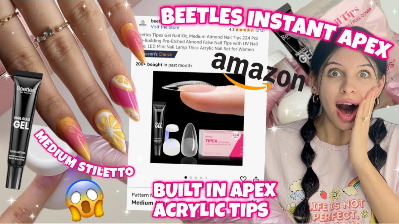 TRYING BEETLES MEDIUM STILETTO TIPEX INSTANT APEX SCULPTED ACRYLIC FULL COVER NAIL TIPS & GEL KIT