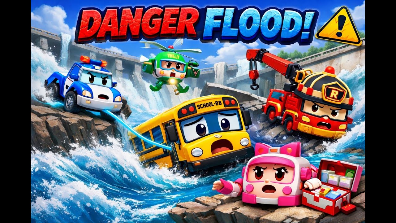 Robocar POLI Dam Burst! 🌊 School-B Flood Rescue & STEM Safety for Kids