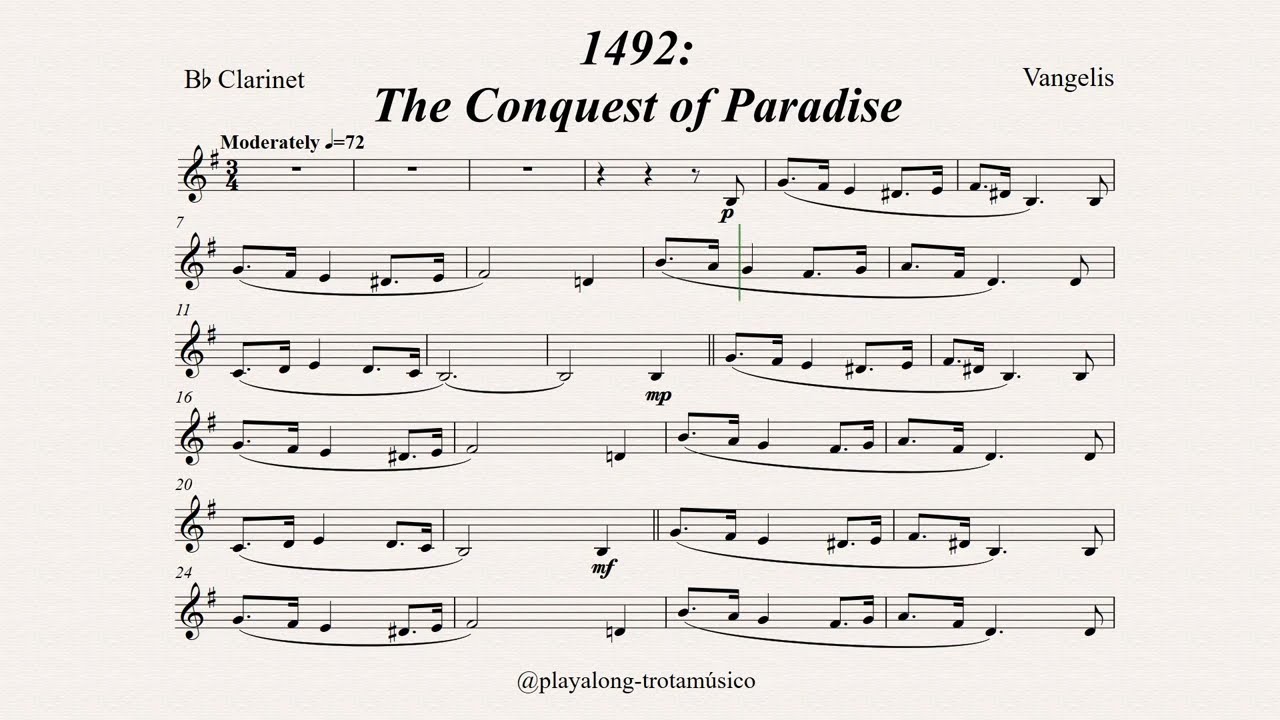 Clarinet Playalong - 1492: The Conquest of Paradise (Vangelis) Bb Sheet music with accompaniment