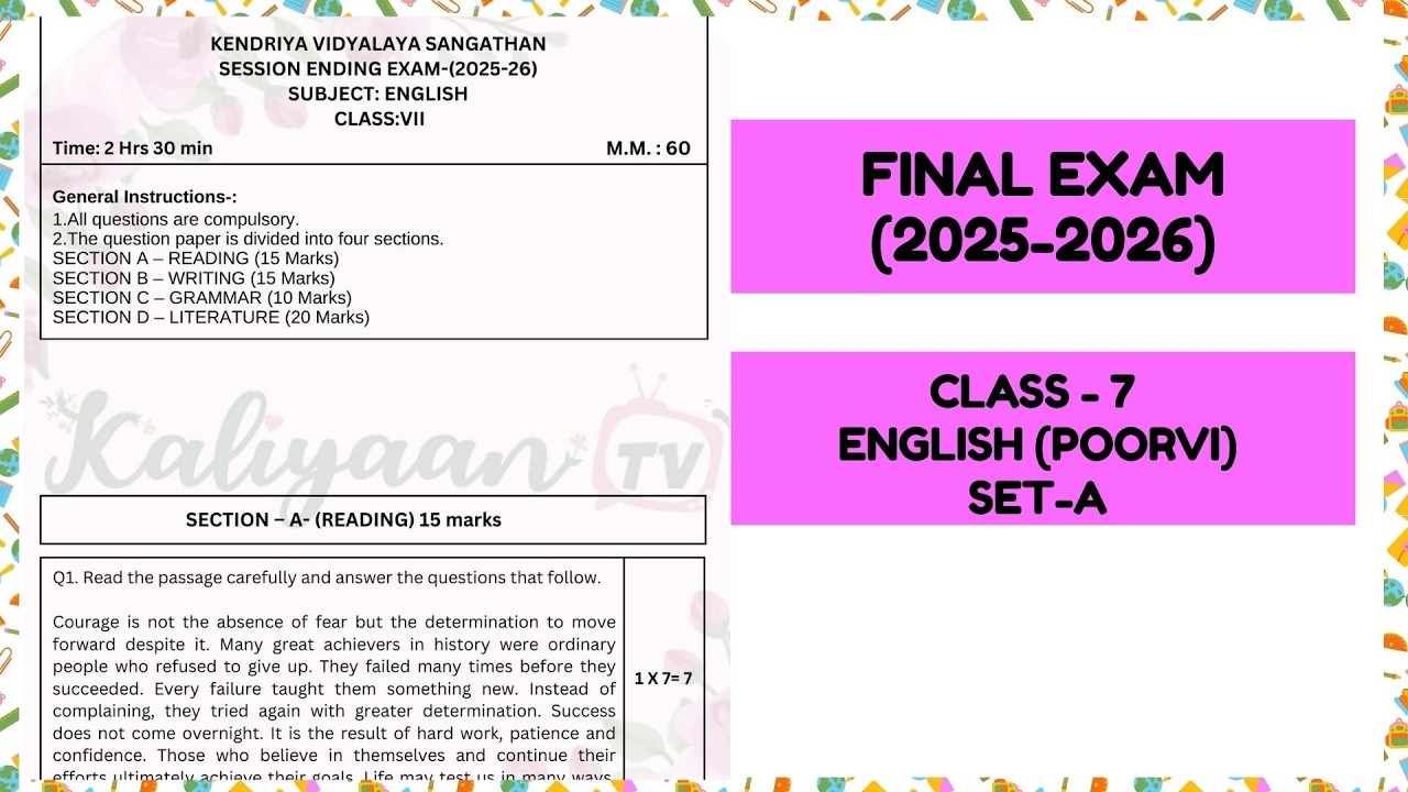 Class 7 English Final Exam 2026 Sample Paper | Poorvi Book | Set A | Full Question Paper |Answer Key