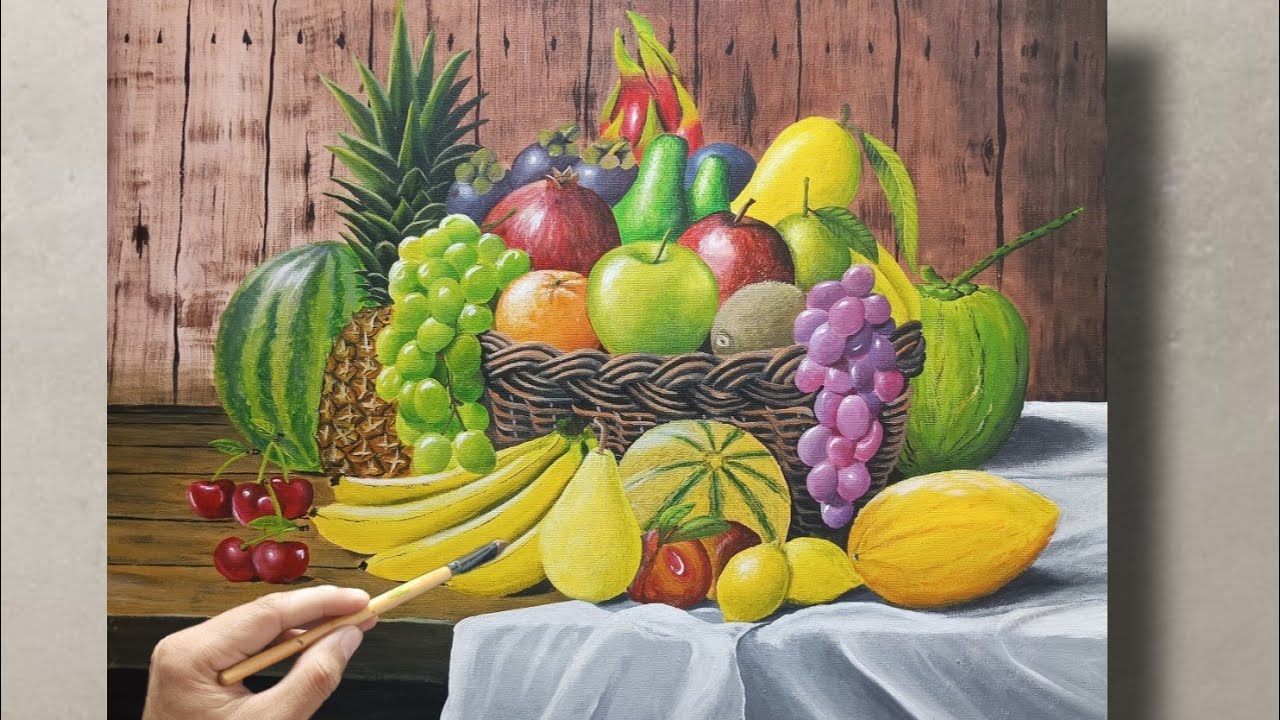 How to paint fruits in a basket, nutrition month painting,