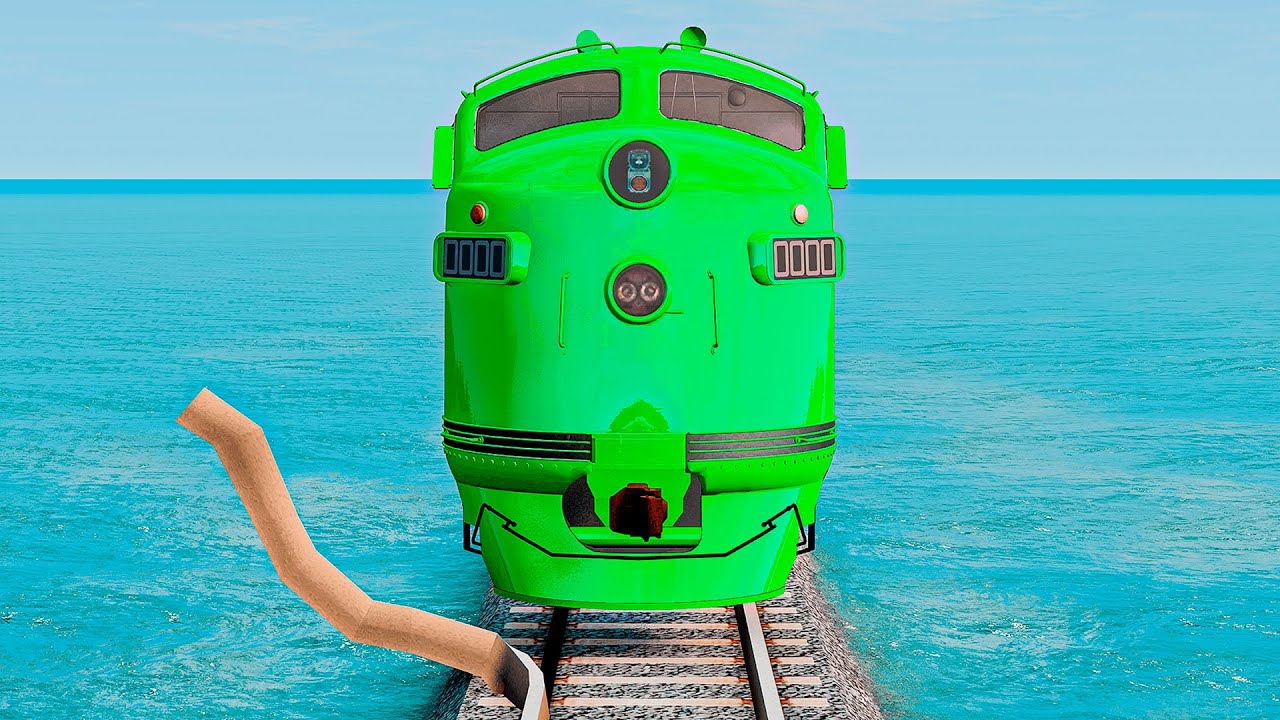 Quadruple Colorful Trains Vs Cringe Impossible Weird Rails Tracks Crossing Deepwater | BeamNG.drive