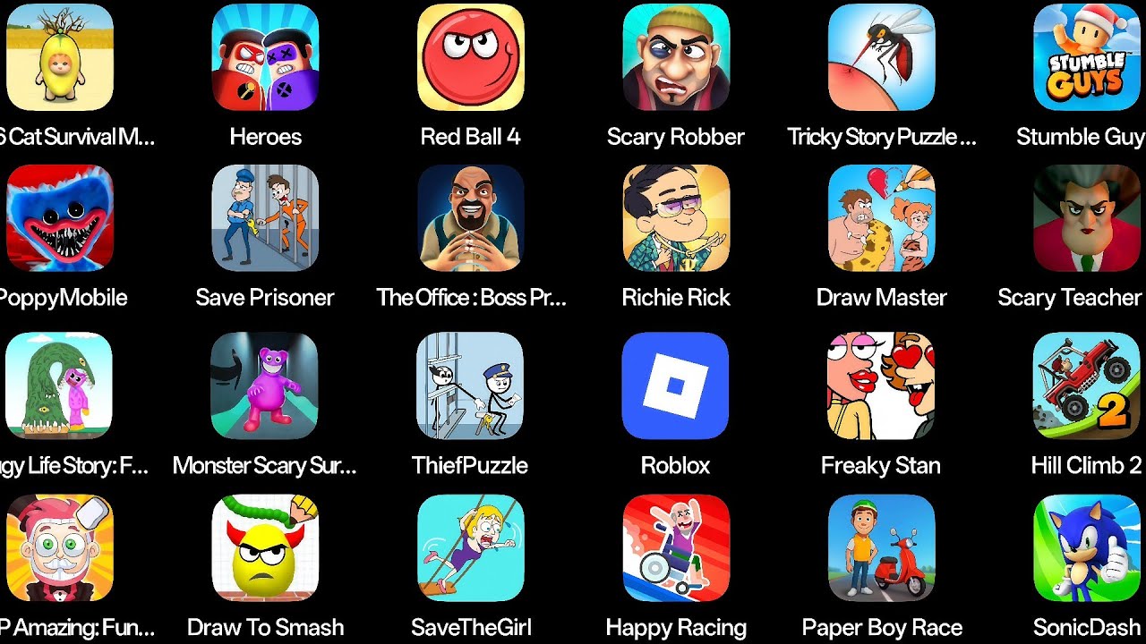 Grimace Monster Scary Survival,Thief Puzzle,Roblox,Scary Teacher 3D,Stumble Guys,Scary Robber