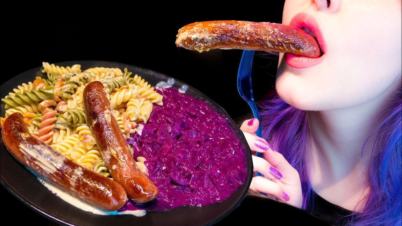 ASMR: Crispy Ham Bratwurst, Creamy Pasta & Red Cabbage ~ Relaxing Eating Sounds [No Talking|V] 😻