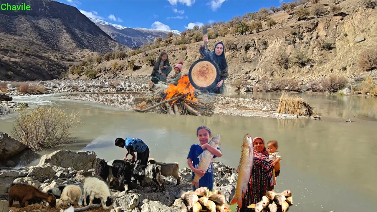 A nomadic family's adventure on a river island; 🏝fishing in raging water and herding for survival🐐🎣