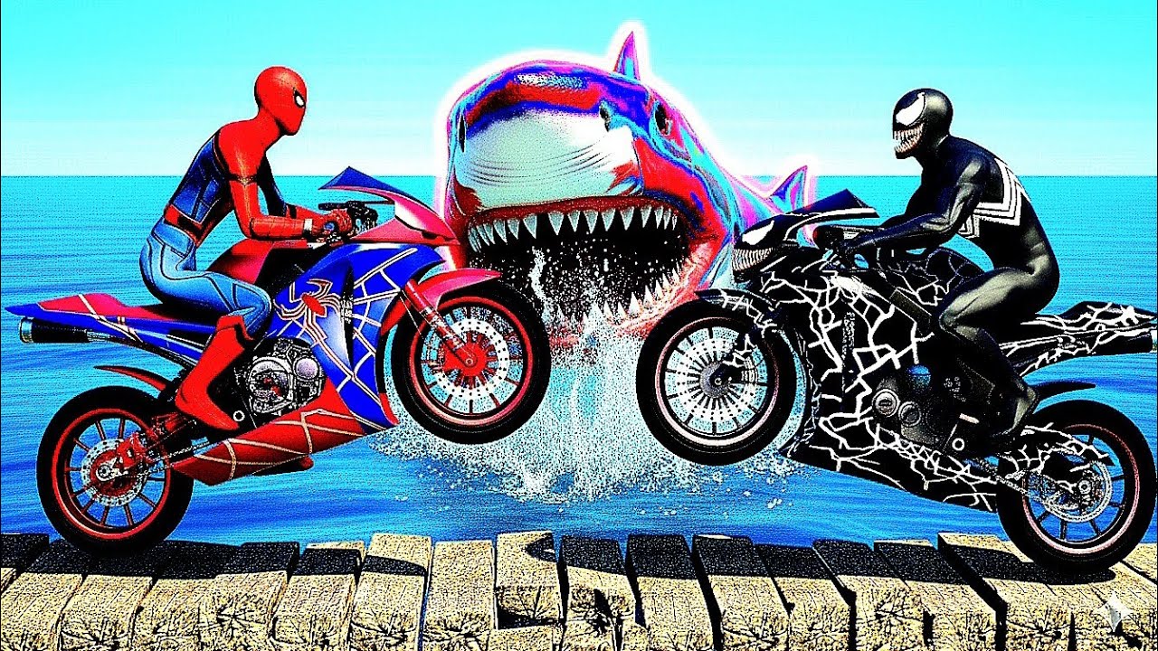 سبايدر مان اصعب دراجة نارية فوق اسماك القرش - Superheroes Ride on Motorcycle Stunt Funny Moments