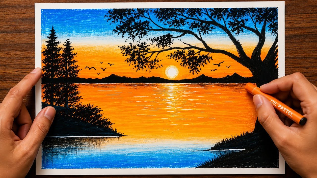 nature drawing | how to draw a beautiful and easy sunset #oilpastel #sunset #nature 