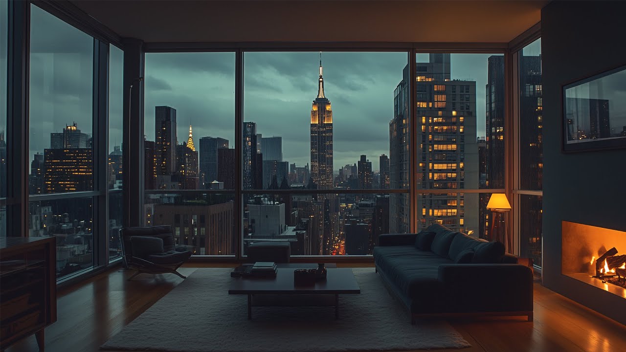 A Relaxing Rainy Night From A Cozy Loft In New York City🌧️Rain Sound Ambience & Crackling Fireplace