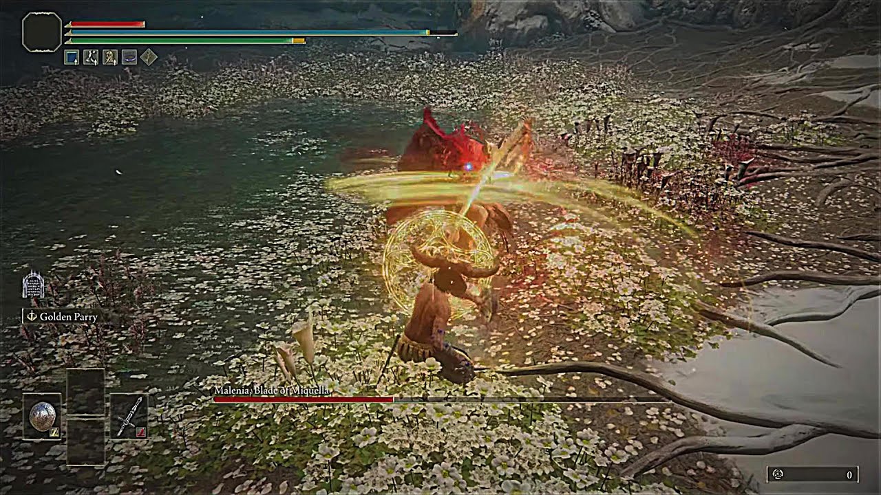 Parrying Malenia with the Golden Parry Ash of war