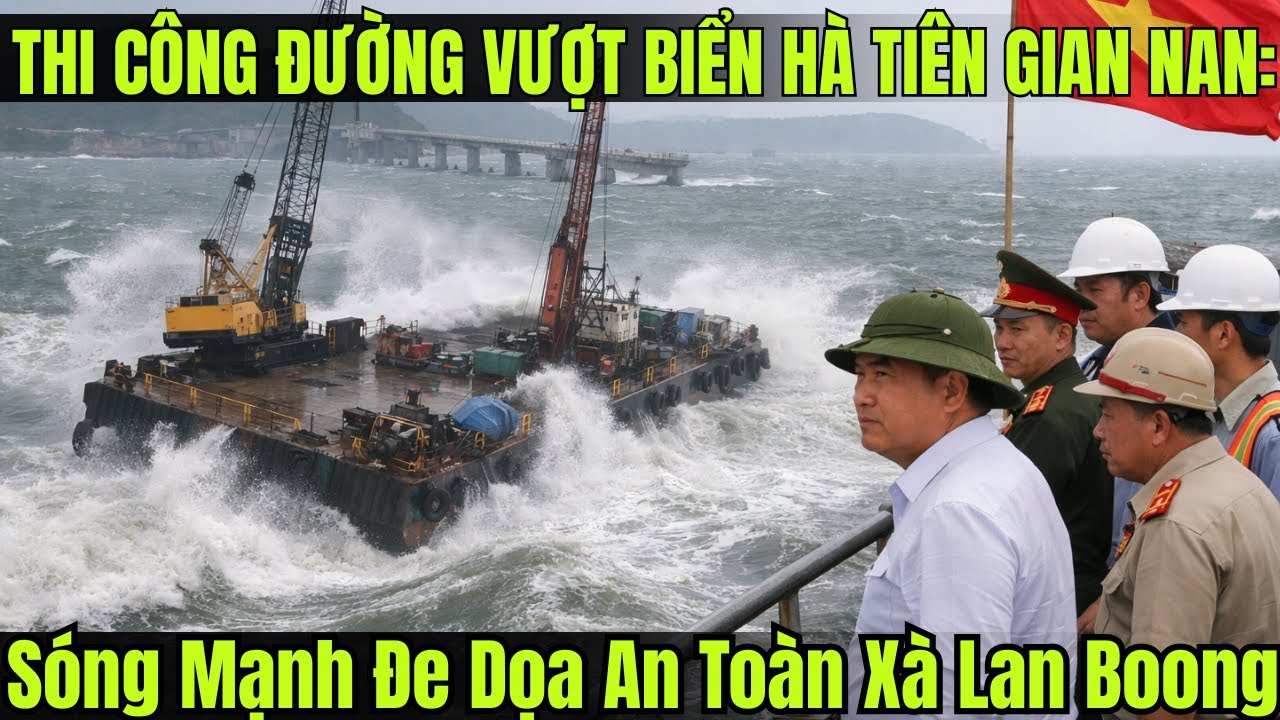 Thi Công Đường Vượt Biển Hà Tiên Gian Nan: Sóng Mạnh Đe Dọa An Toàn Xà Lan Boong