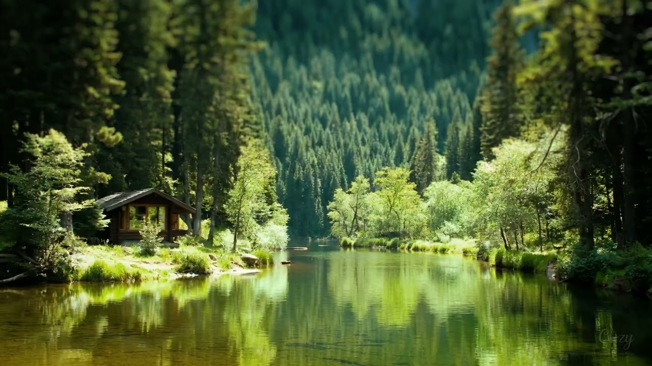 Cozy forest lake cabin with serene nature ambience and relaxing water sounds