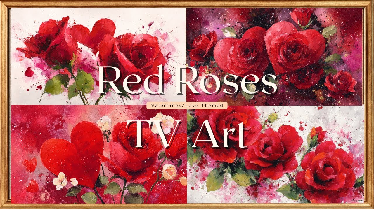 Deep Red Hearts Framed TV Art | 4 Watercolour Paintings Blooming Roses | 4K 1.5hr +