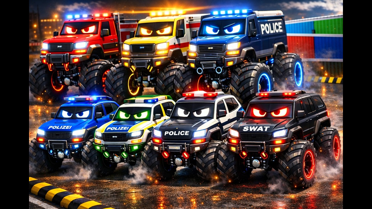 Giant Excavator Carrying a Police Car with a Monster Truck Nearby!