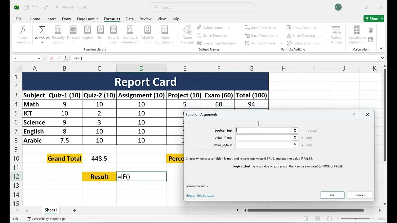 Designing an Excel-based report card using formulas, data validation, and conditional formatting