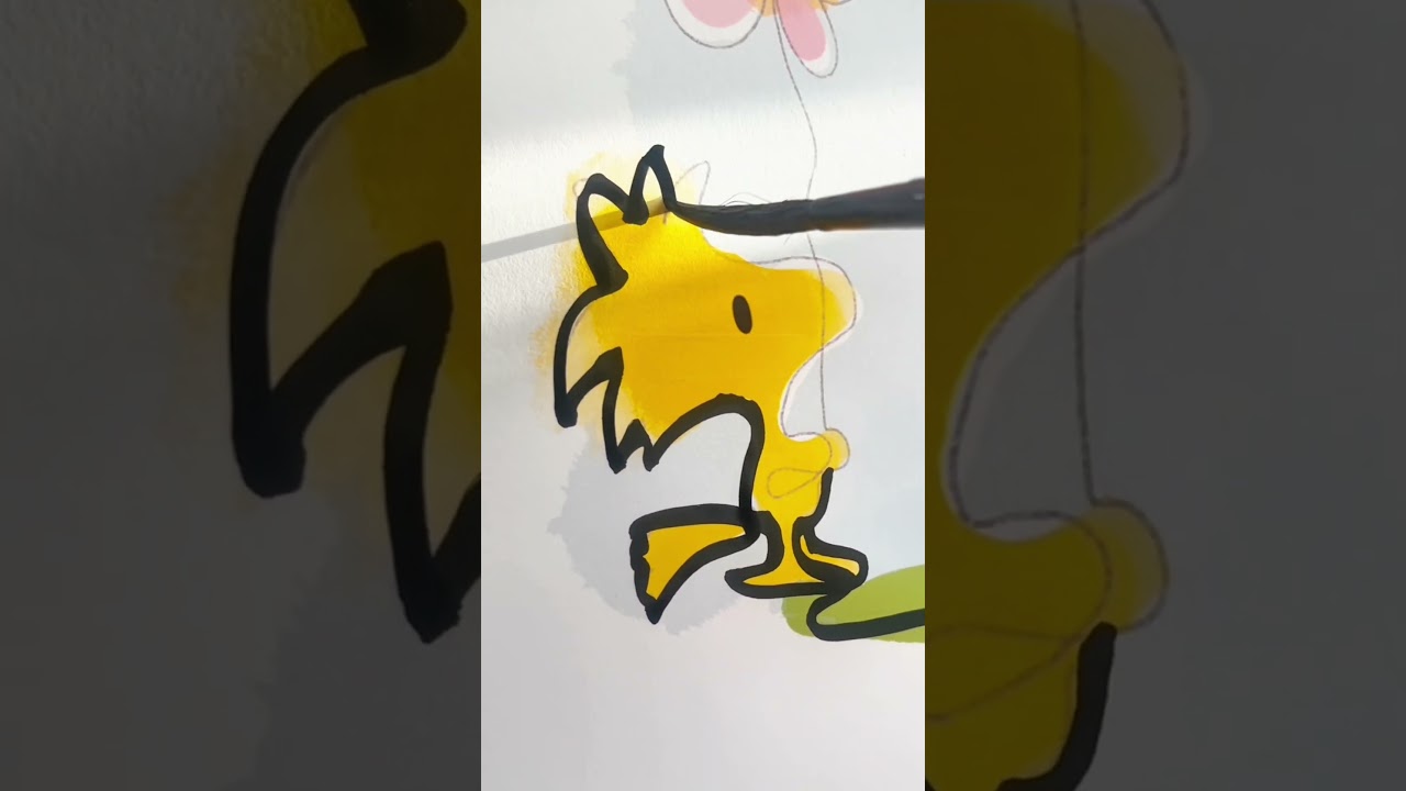 How to draw Snoopy and Woodstock (Peanuts) in one single line. Simple outline art.Relaxing art video