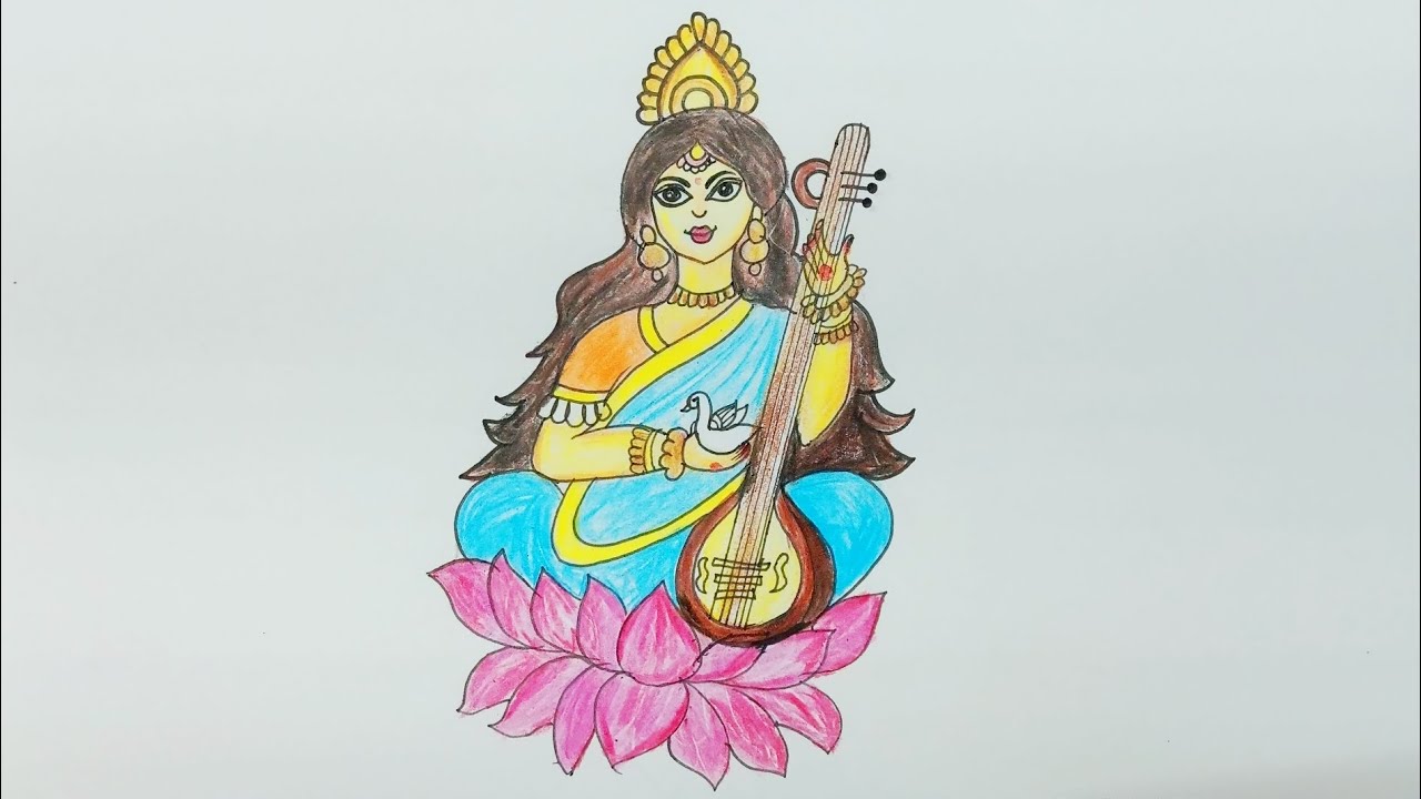 Cute Saraswati Mata drawing || How to draw Saraswati Mata with Bina || Easy Basant Panchami drawing|