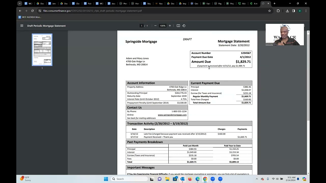 Sample Mortgage Statement: Used to help verify current primary mortgage status! VOM
