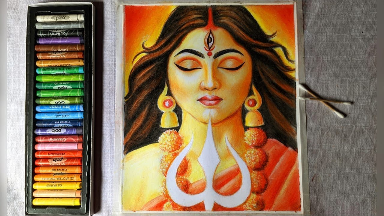 Durga Maa drawing oil pastel easy || Maa Durga face painting.
