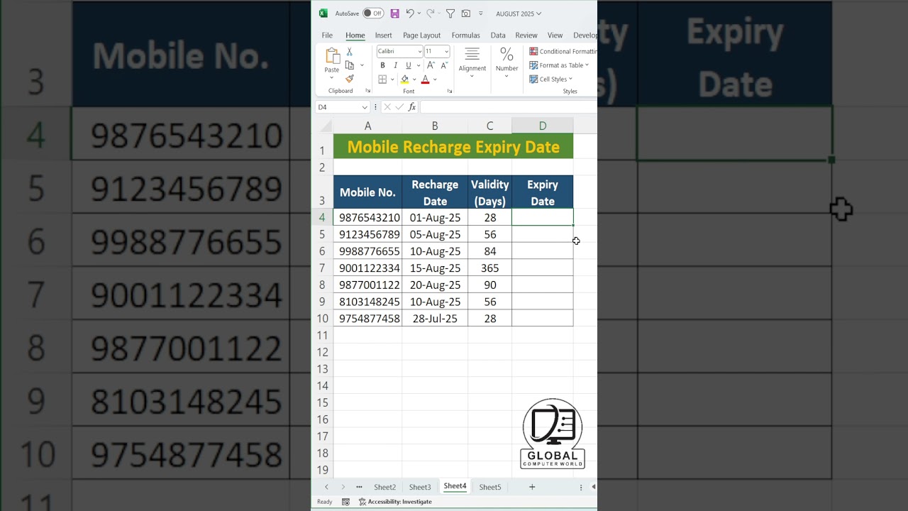 📱 Excel Trick: Find Mobile Recharge Expiry Date Using Days | Unique Excel Formula #exceltips #shorts