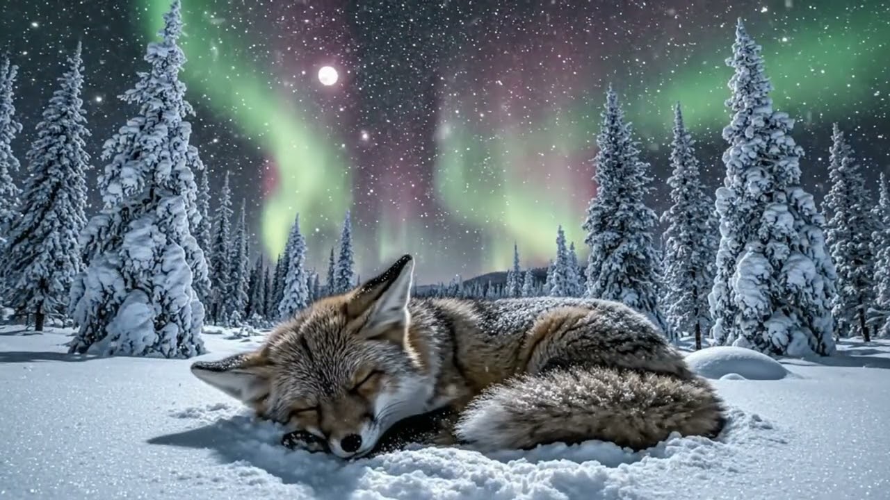 10 Hours of Fox in the Snowy Forest & Northern Lights 🦊 Deep Sleep & Relaxation  Calming Winter Amb