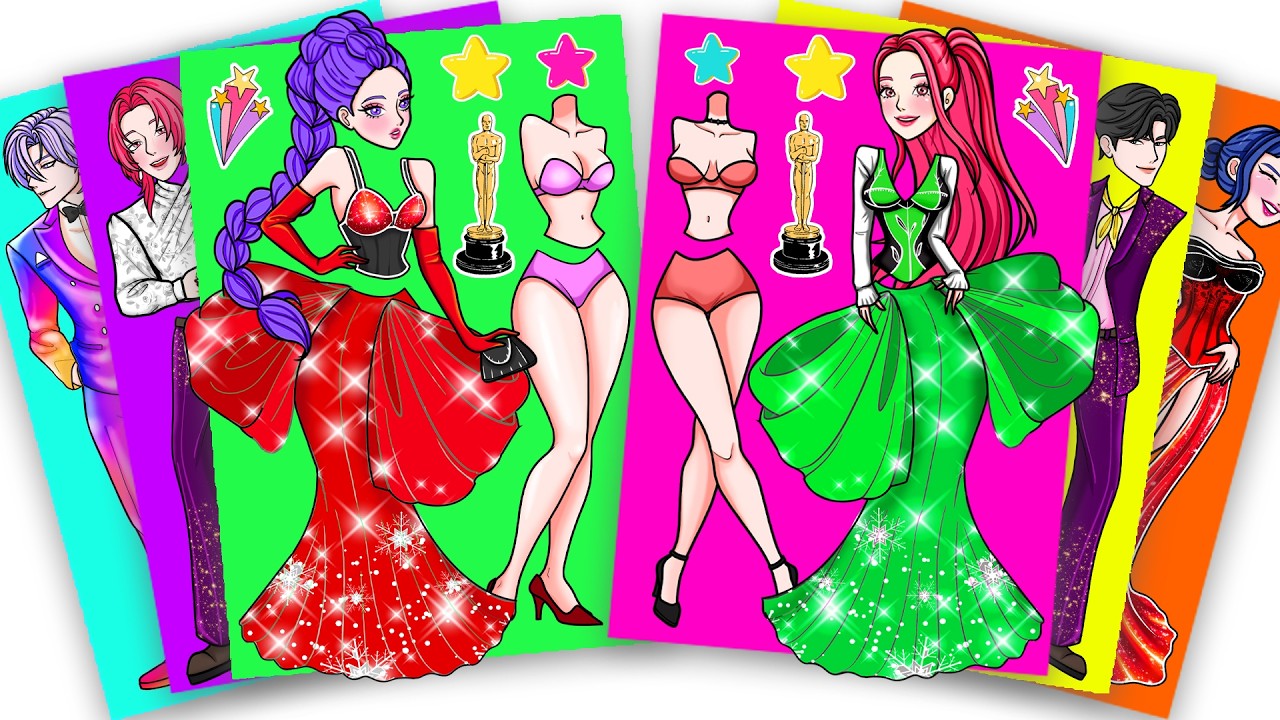 Red VS Green Huntrx RUMI MIRA Dress Up Fashion For THE OSCARS - Kpop Demon Hunters |Sticker Book DIY