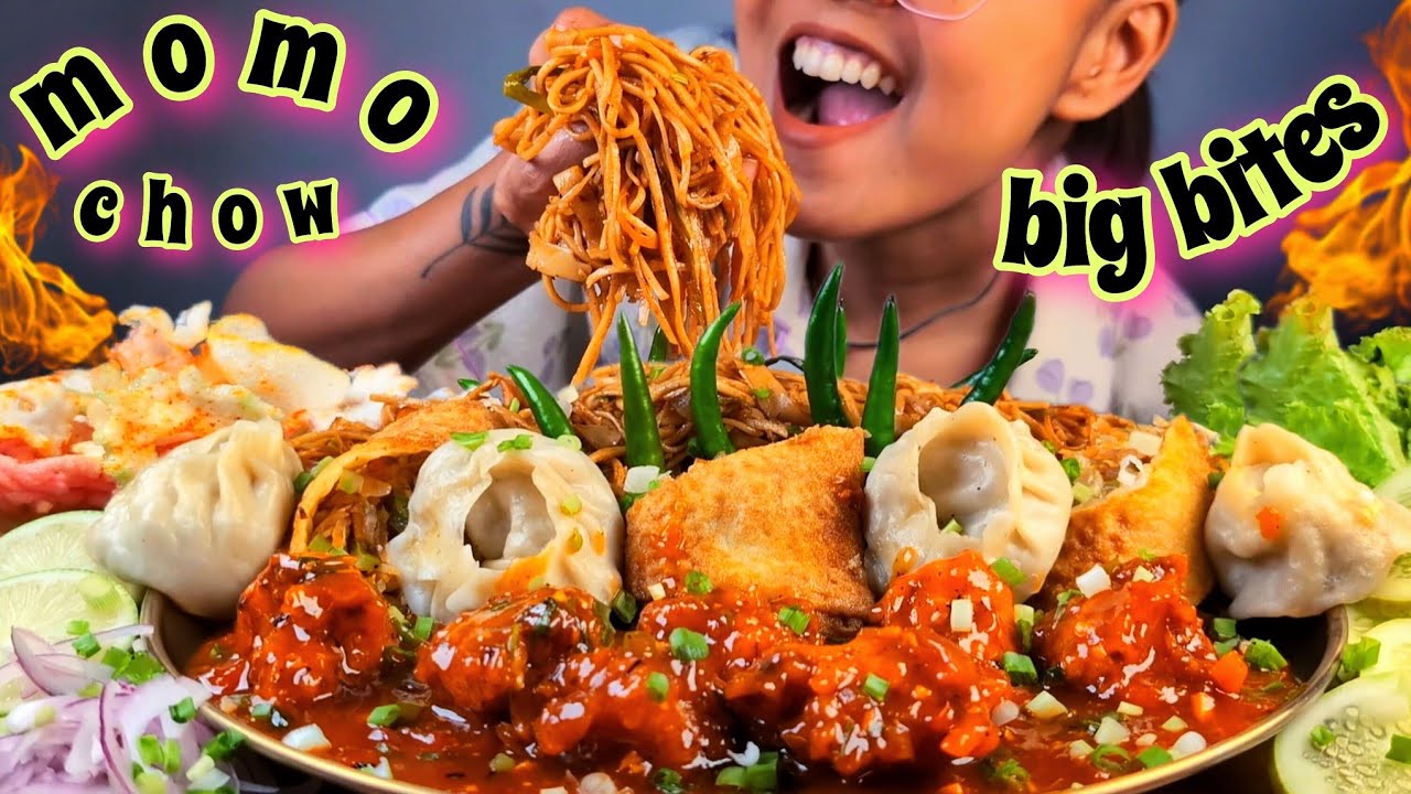 EATING VEG CHOW, VEG SPRING ROLL, VEG MOMO, VEG MANCHURIAN | EATING BIG BITES NOODLES & BIG MOMO