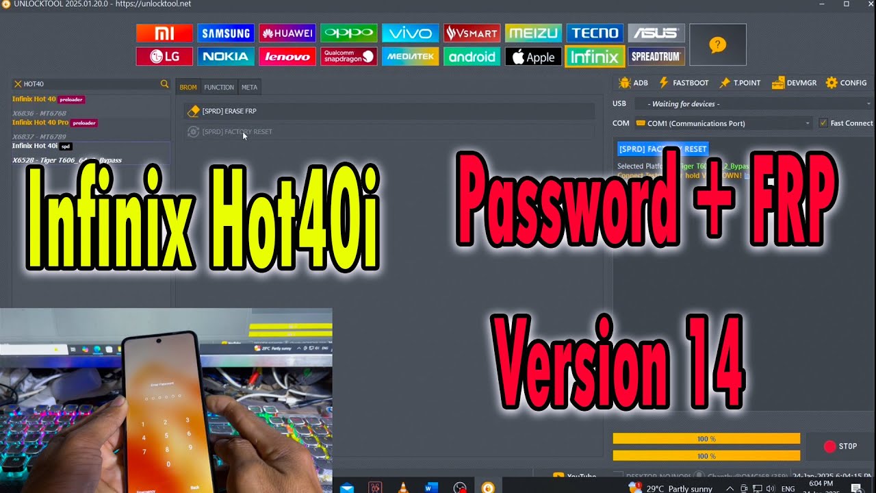 Infinix Hot40i Android 14 Remove Password+FRP Whith Unlock Tool