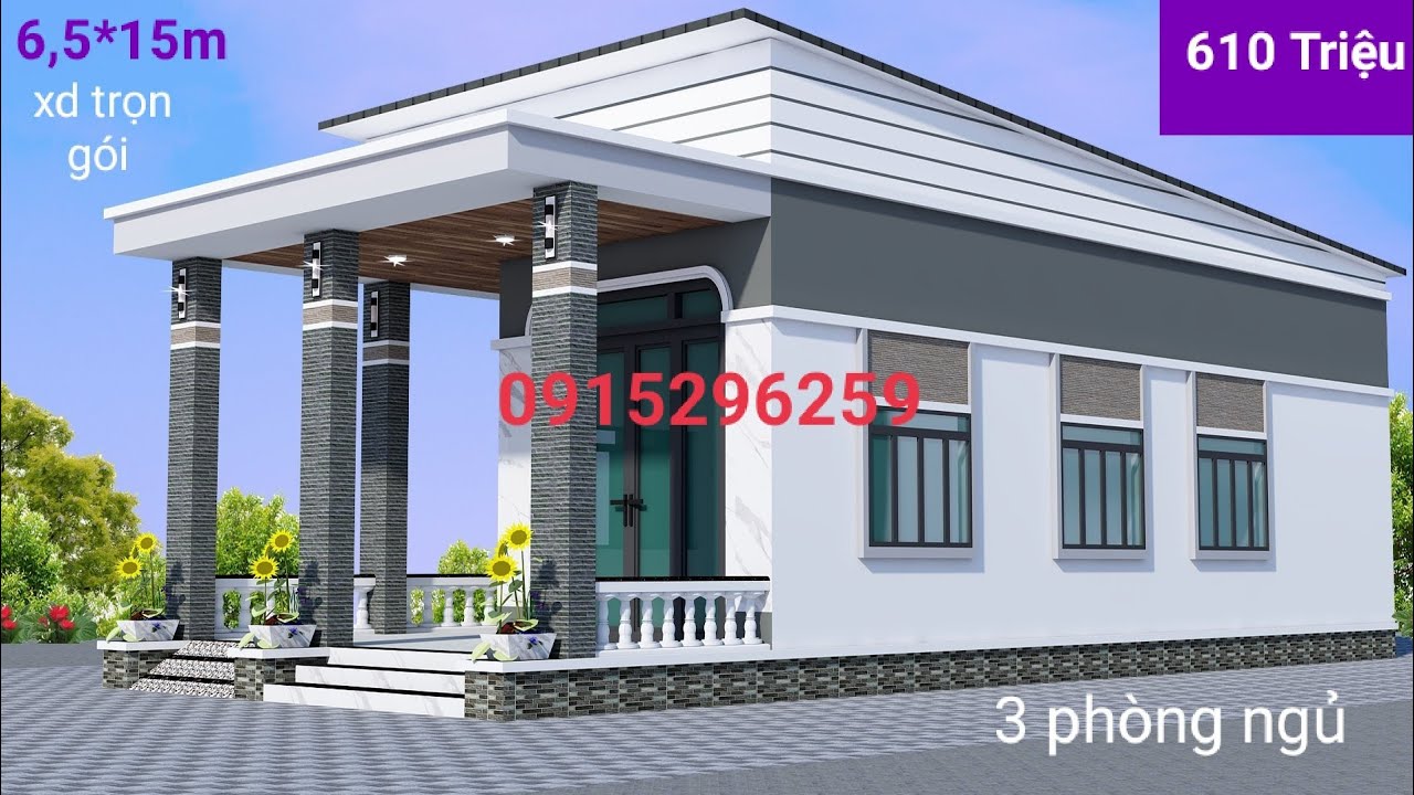 Nhà cấp 4 chữ L hiện đại 6,5x15m trọn gói 610tr ba phòng ngủ | mái tiền chế
