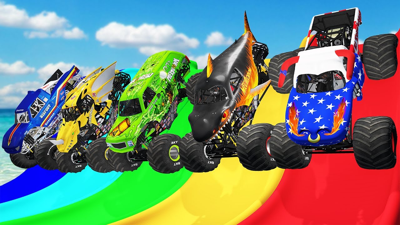 5 MONSTER TRUCKS VS COLOR WATER SLIDE PORTAL CHALLENGES